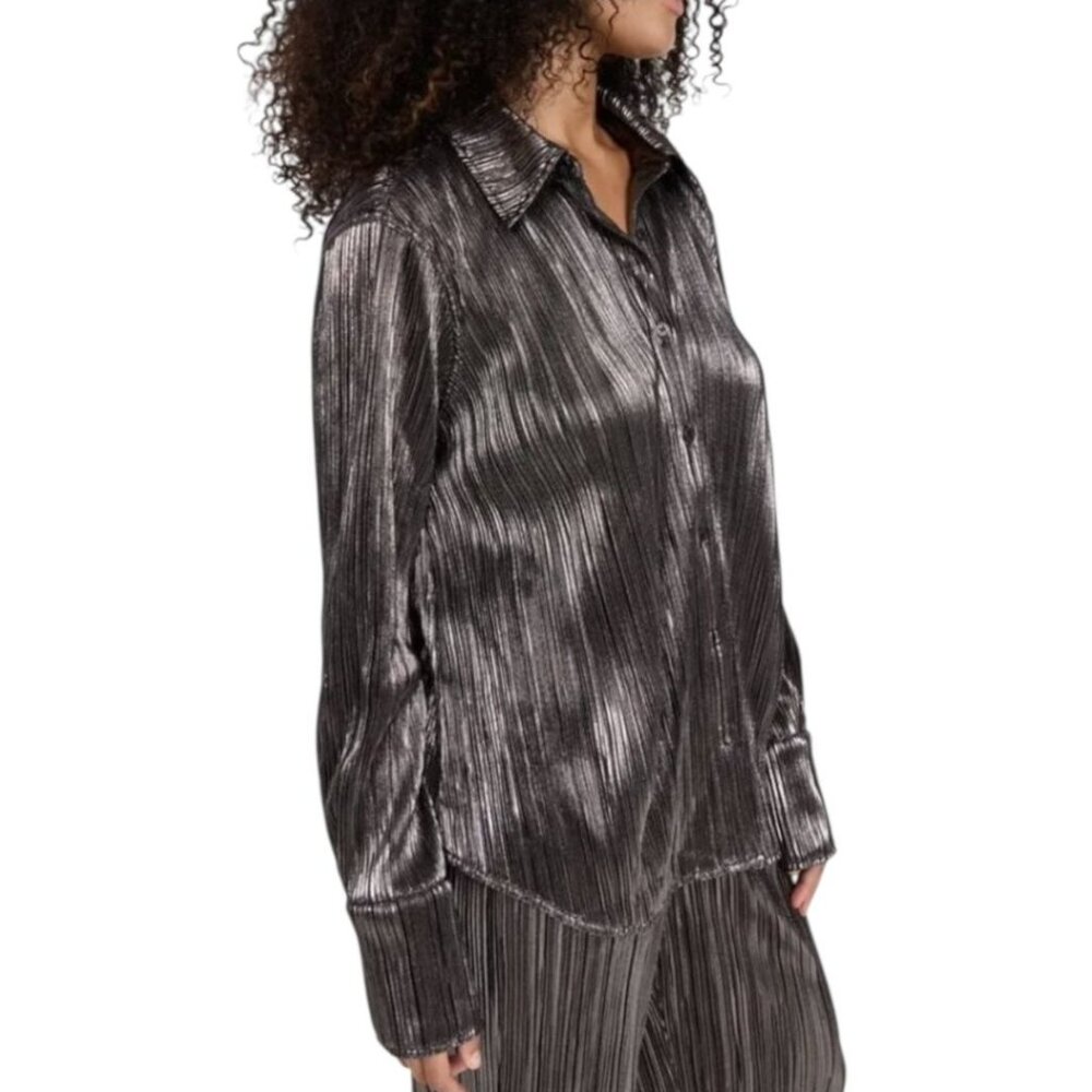 Good American Lame Plisse Button Up Shirt Womens Size 2/3X Chrome Party Top